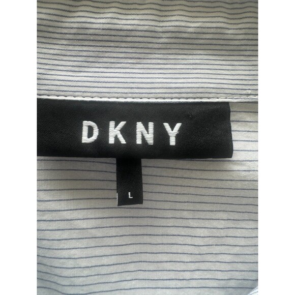 DKNY Donna Karan Striped Blouse sz L Ruffle Hem Pointed Collar Long Sleeve Work - Picture 4 of 9